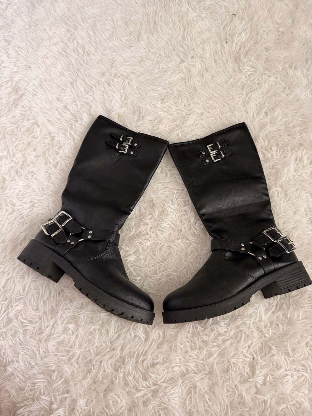Wild Diva Boots Size 7 Black Moto Buckle Mid Calf Lug Sole